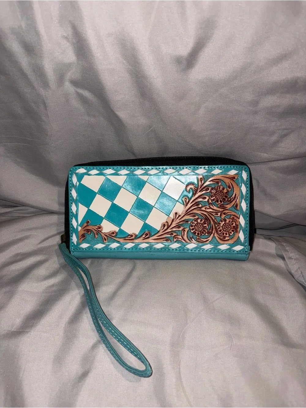 Teal Checkered Floral Wristlet Wallet - Womens
